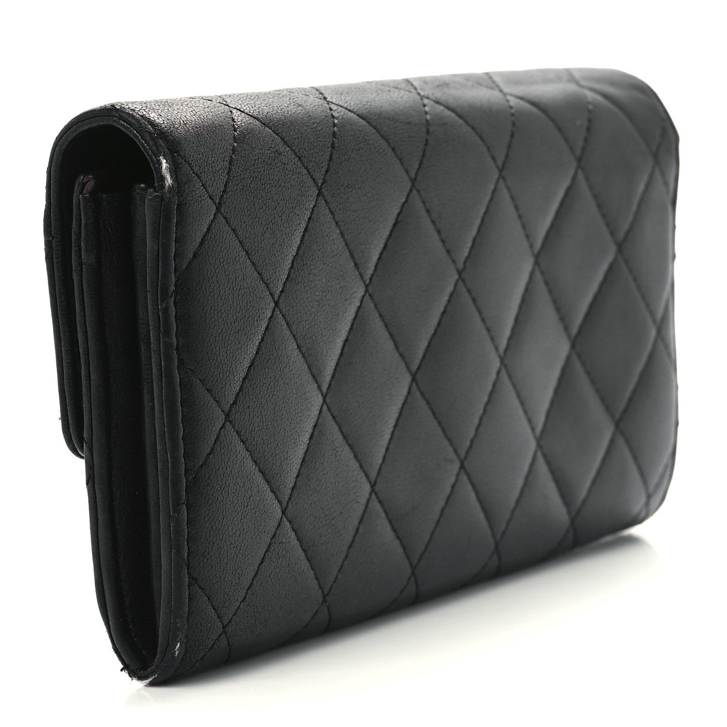 Lambskin Quilted Large Gusset Flap Wallet Black