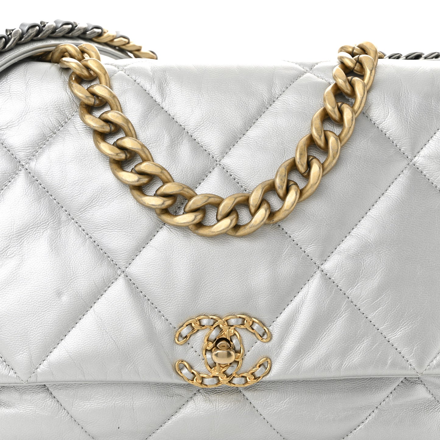 Metallic Goatskin Quilted Maxi Chanel 19 Flap Silver
