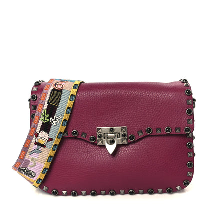 Valentino Garavani Grained Calfskin Onyx Medium Guitar Strap Rockstud Rolling Flap Saddle Bag Disco Pink 1 of 10