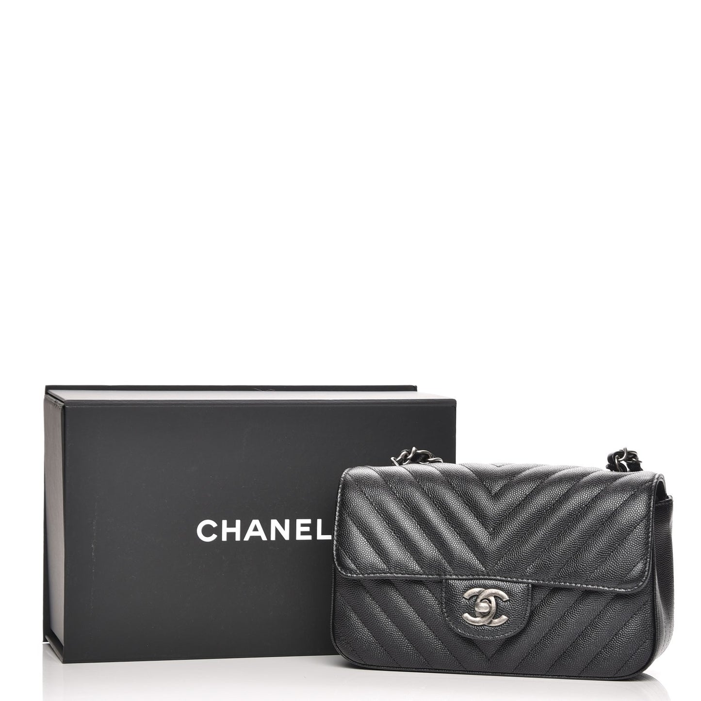 Metallic Caviar Chevron Quilted Mini Rectangular Flap Black