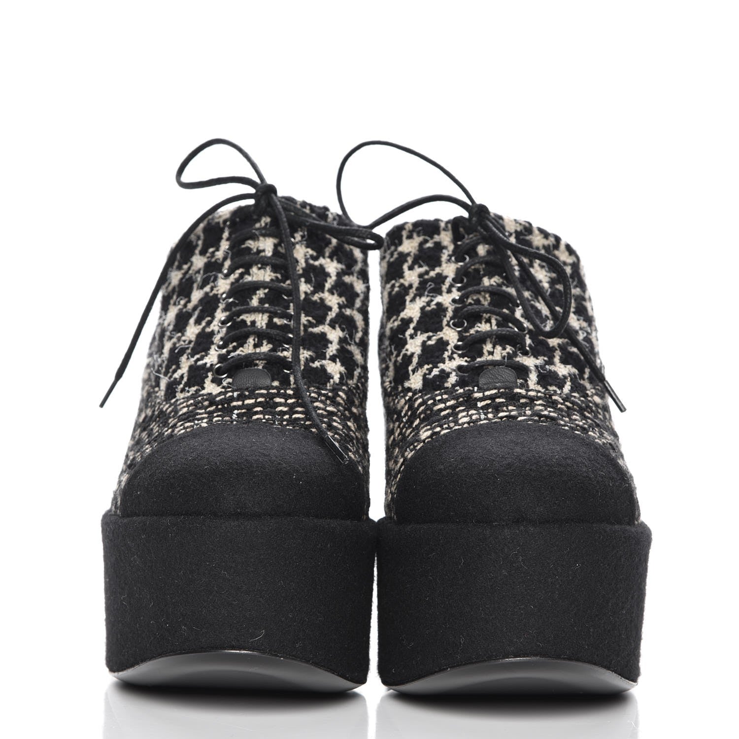 Chanel Tweed Lace Up 85 Wedges 38 Black Beige 2 of 9