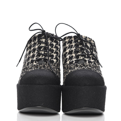 Chanel Tweed Lace Up 85 Wedges 38 Black Beige 2 of 9