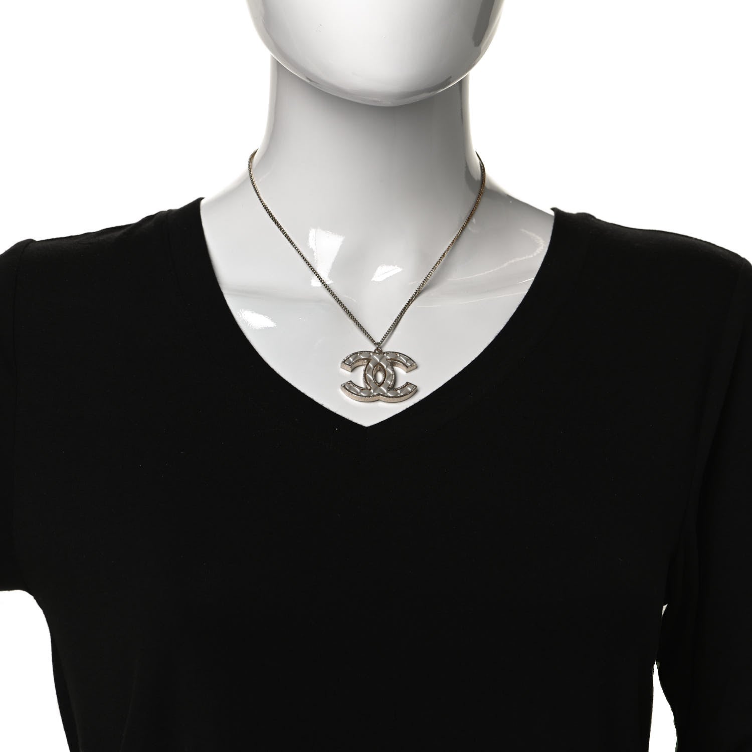 Chanel Metal Quilted CC Pendant Necklace Gold White 2 of 6