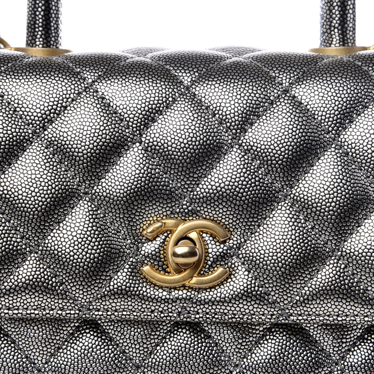 Metallic Caviar Quilted Mini Coco Handle Flap Silver