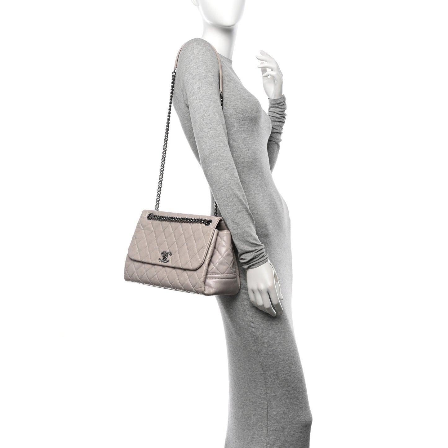 Glazed Calfskin Quilted Medium Lady Pearly Flap Light Beige