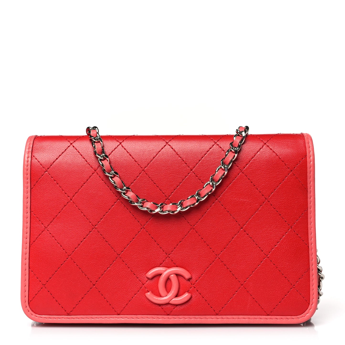 Calfskin Quilted Bi-Color Wallet On Chain WOC Red Pink