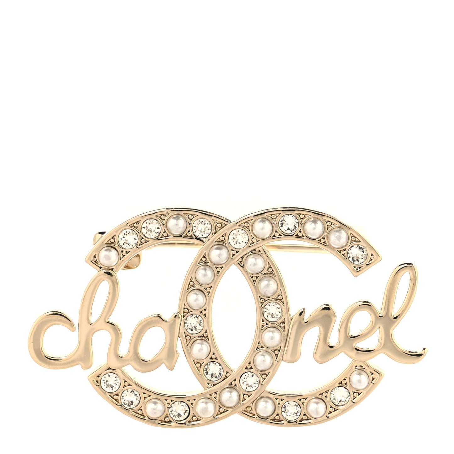 Graduated Pearl Crystal CC Brooch Gold