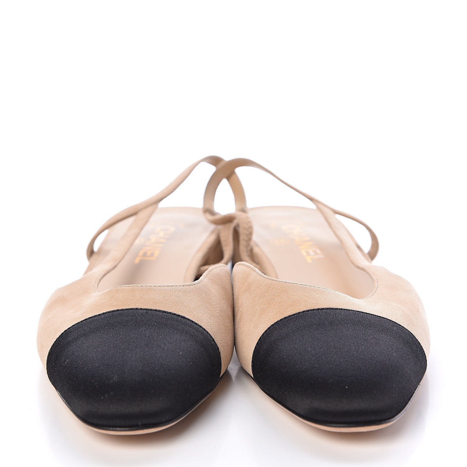 Chanel Kid Suede Satin Cap Toe CC Slingback Pumps 40.5 Beige Black 2 of 9