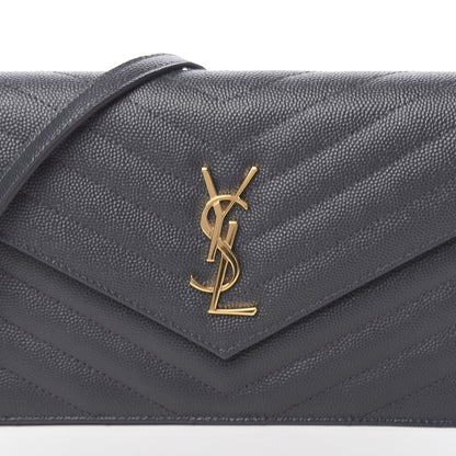 Saint Laurent Grain De Poudre Matelasse Chevron Monogram Envelope Chain Wallet Dark Smog 9 of 12