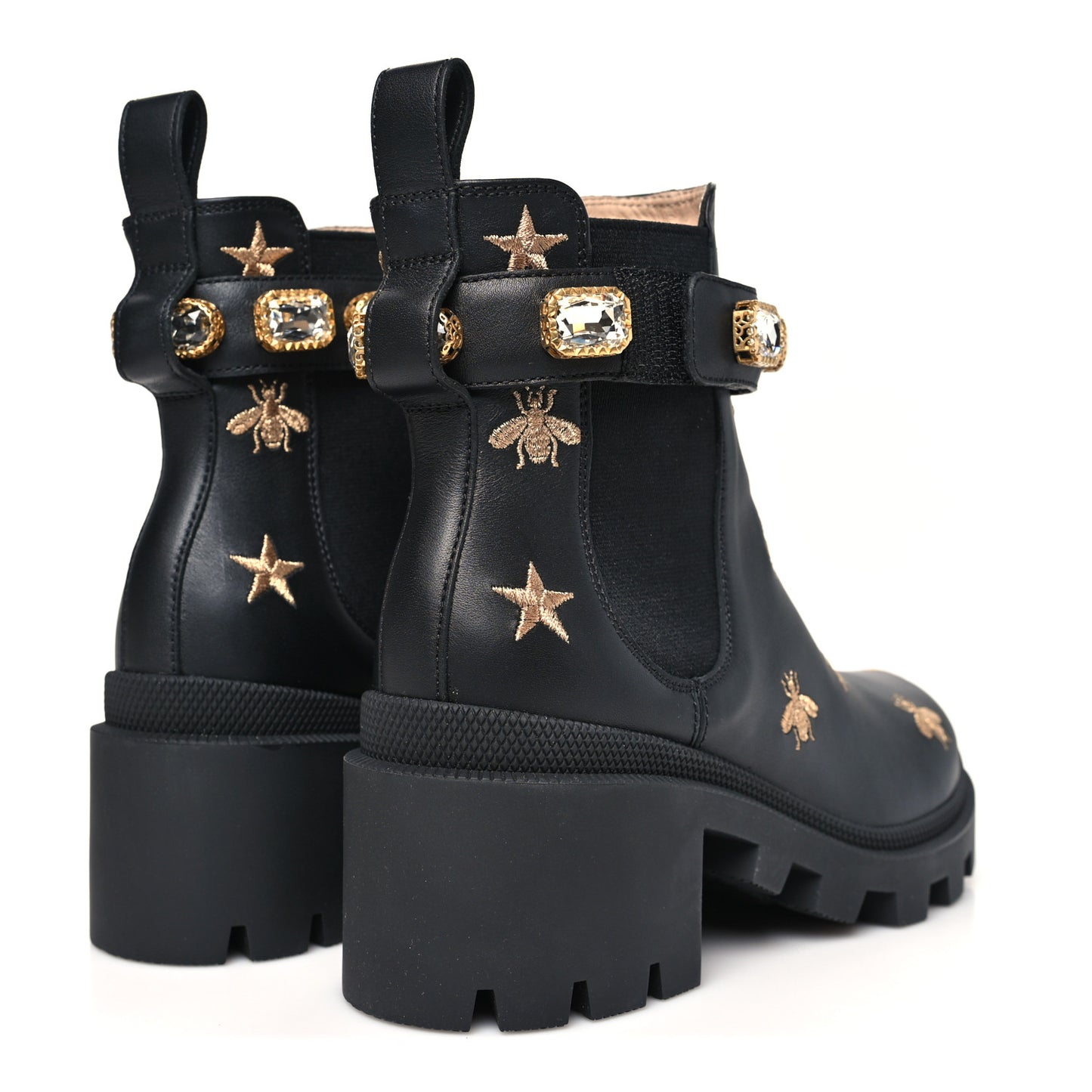 Calfskin Bee Star Embroidered Belt Ankle Boots 36.5 Black