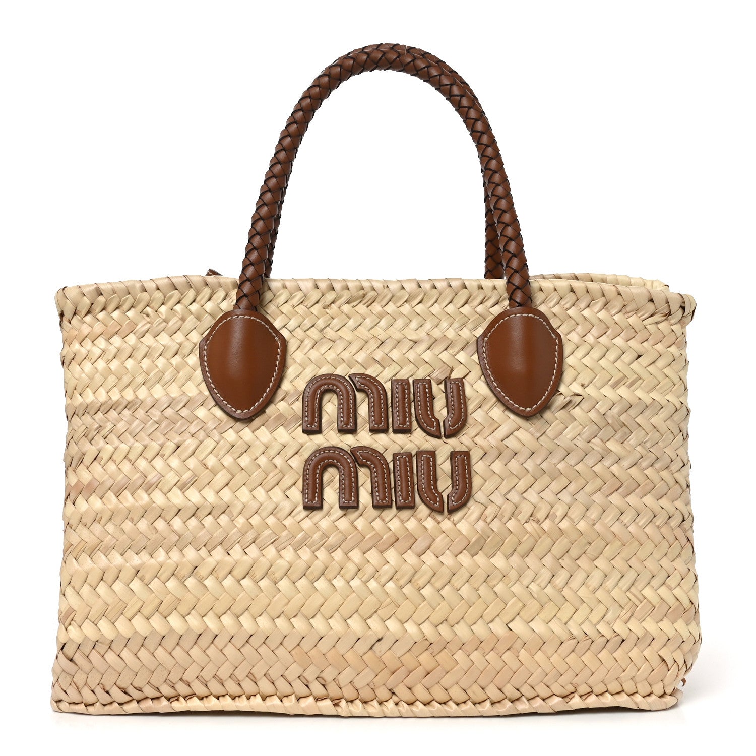 Miu Miu Raffia Braided Handle Tote Beige Cognac 1 of 9