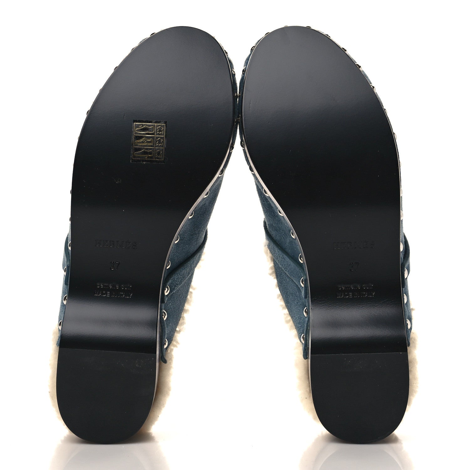 Hermes Suede Goatskin Woolskin Carlotta Mules 37 Bleu Pinede 5 of 8