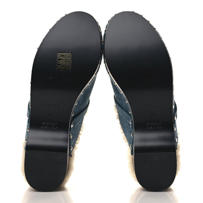 Hermes Suede Goatskin Woolskin Carlotta Mules 37 Bleu Pinede 5 of 8