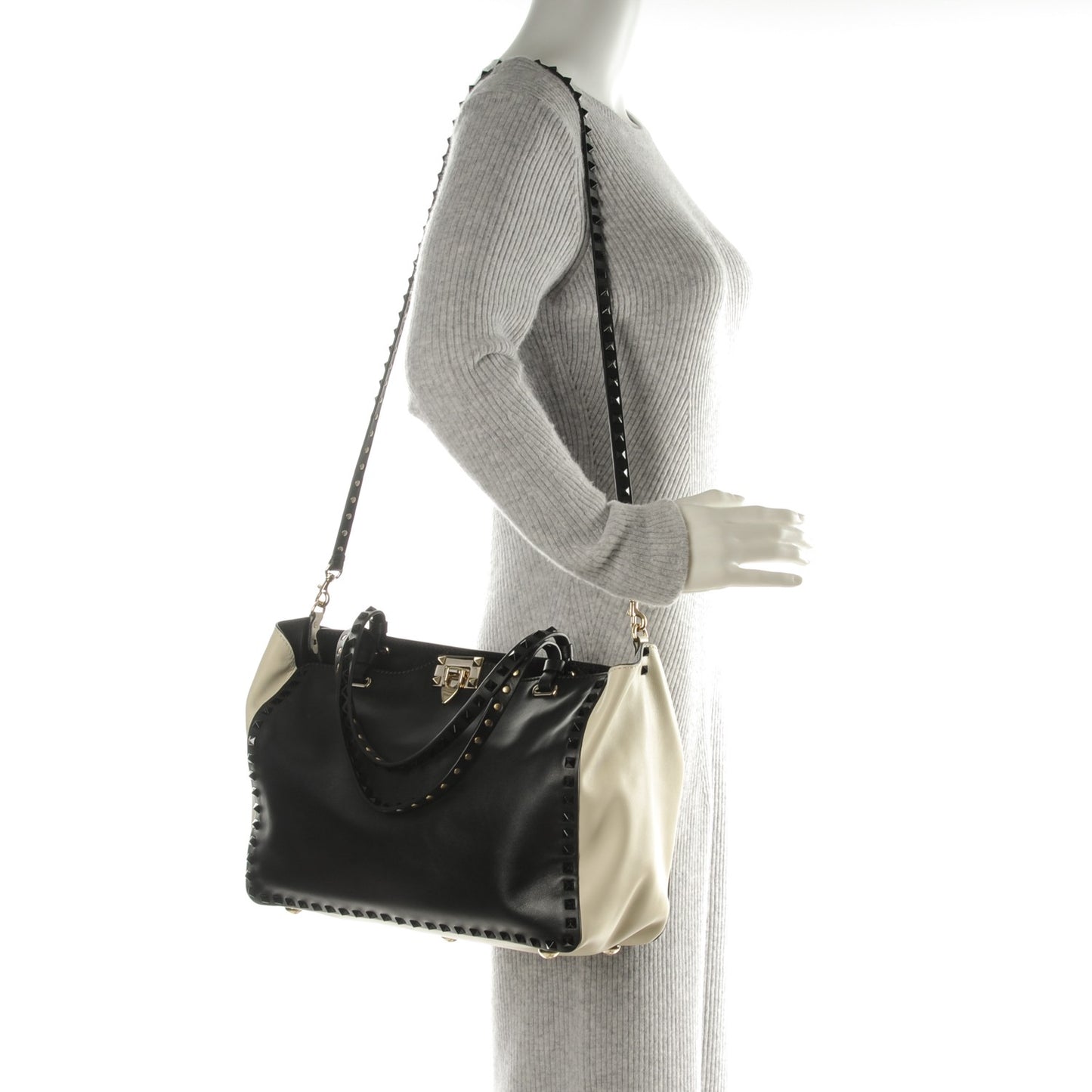 Vitello Monochrome Medium Rockstud Tote Black Light Ivory