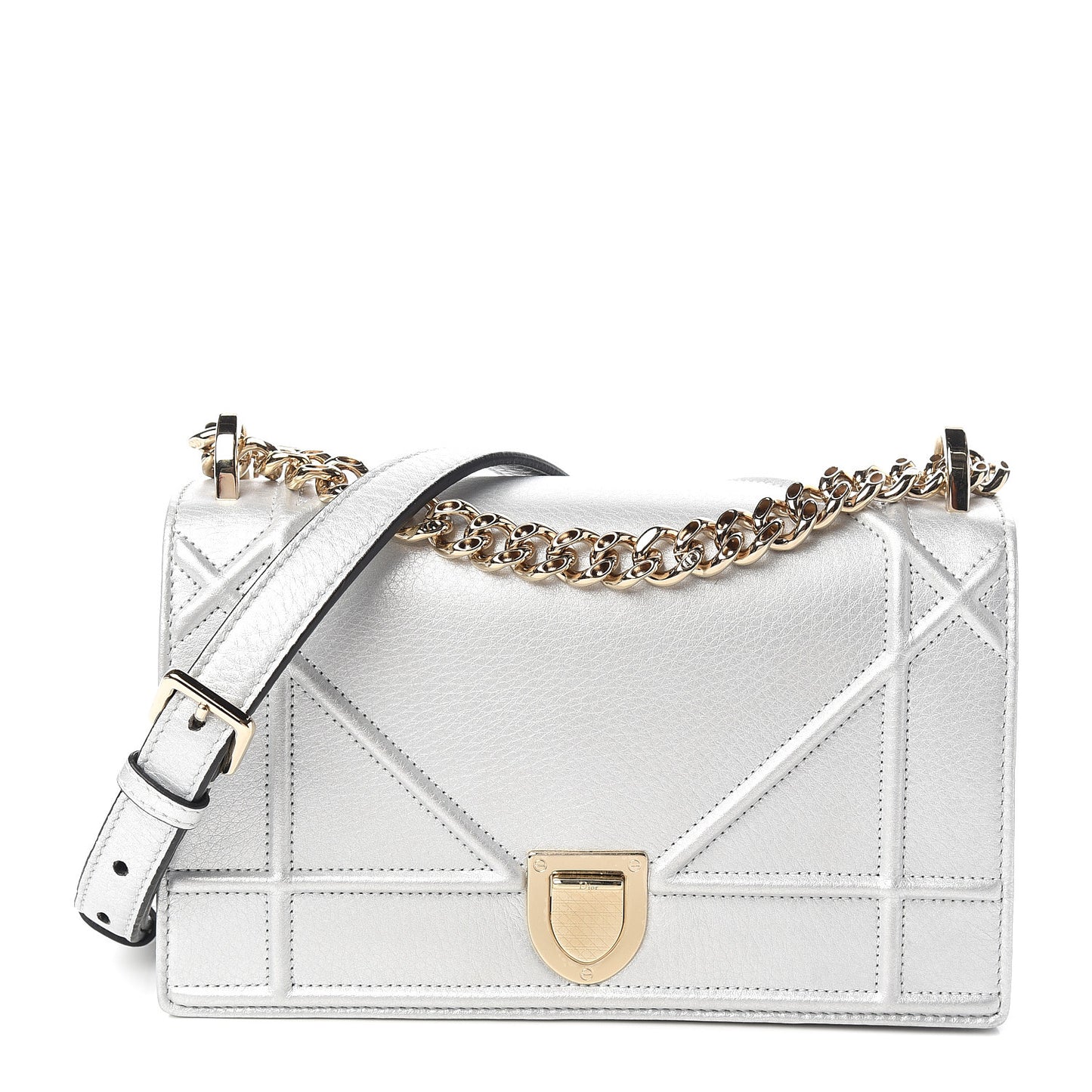 Metallic Grained Calfskin Small Diorama Flap Bag Silver