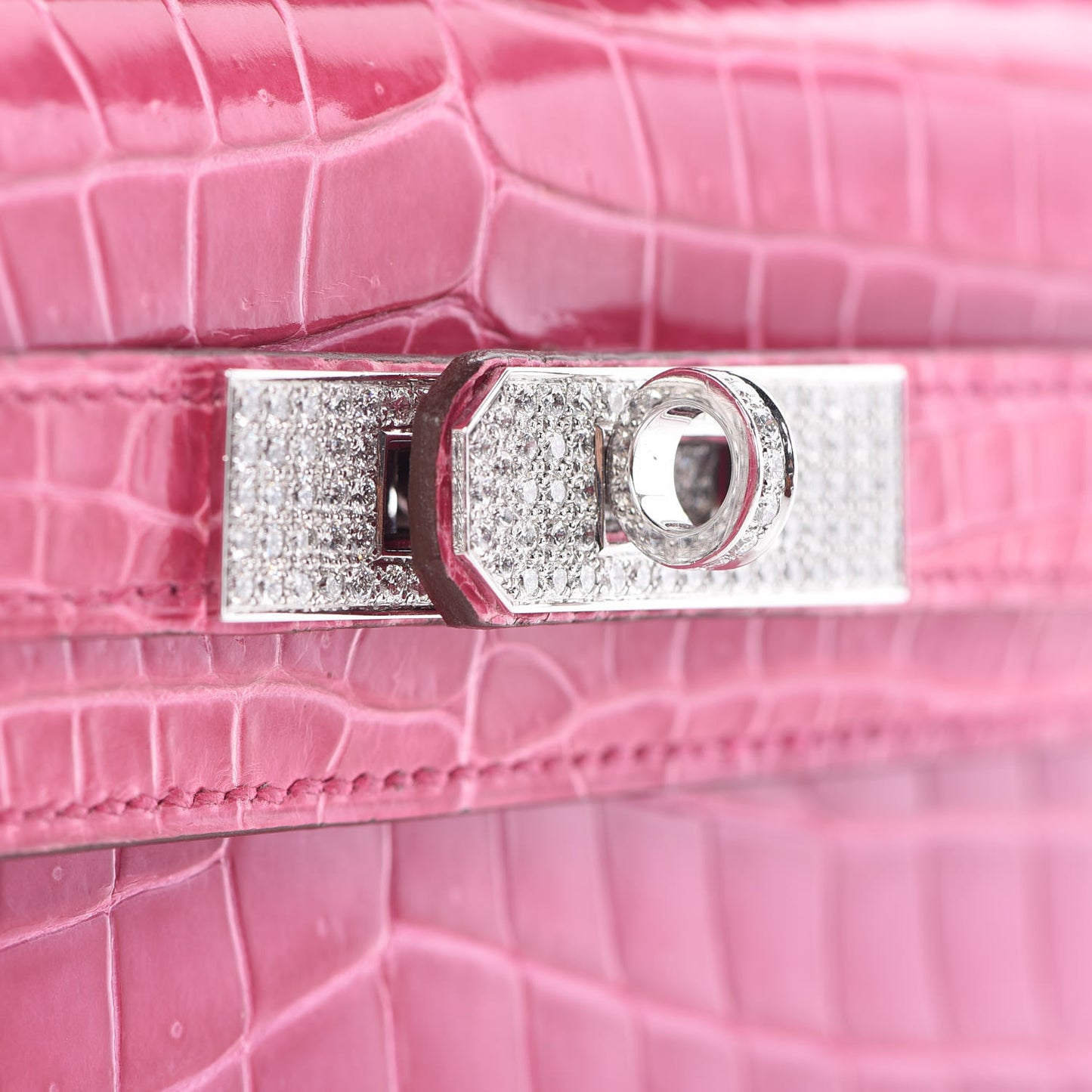 Shiny Porosus Crocodile 18K White Gold Diamond Kelly Cut Pochette Rose Tyrien