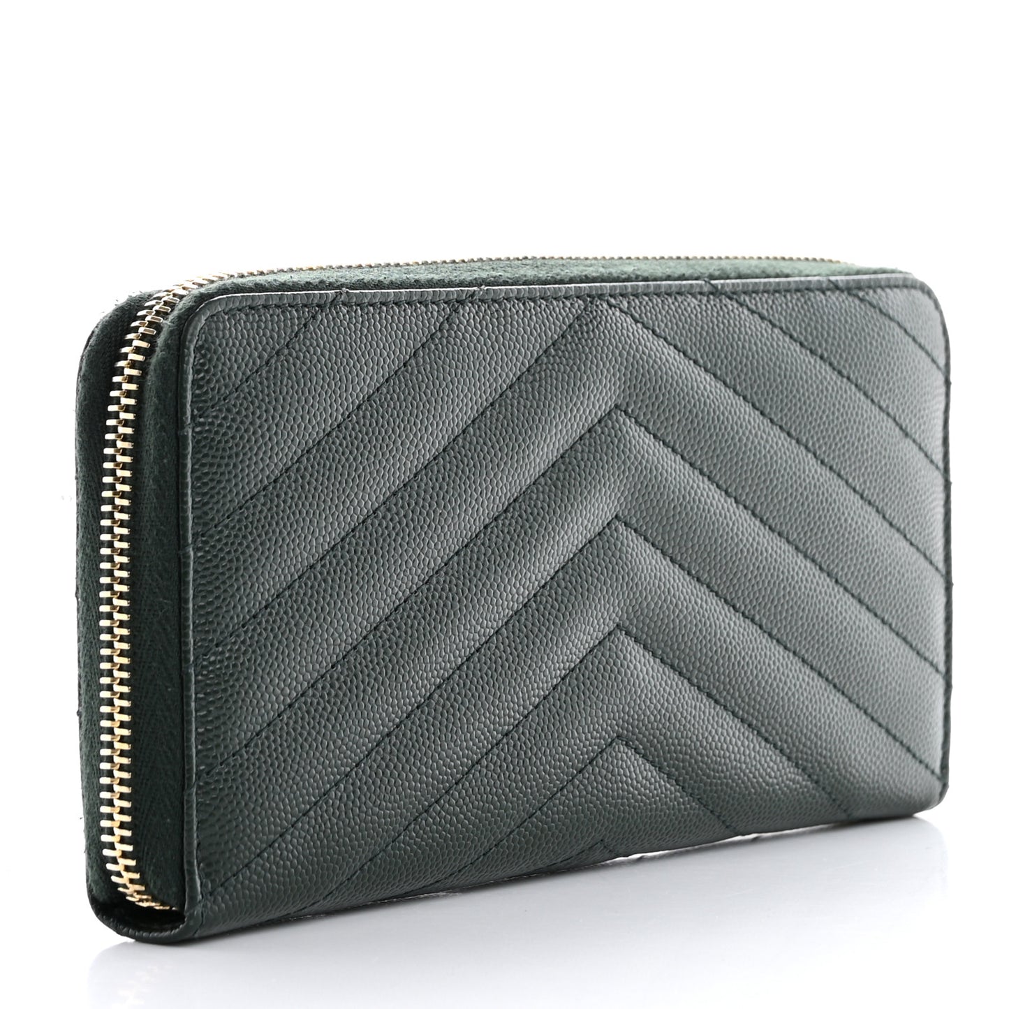 Grain De Poudre Matelasse Chevron Monogram Zip Around Wallet New Vert Fonce