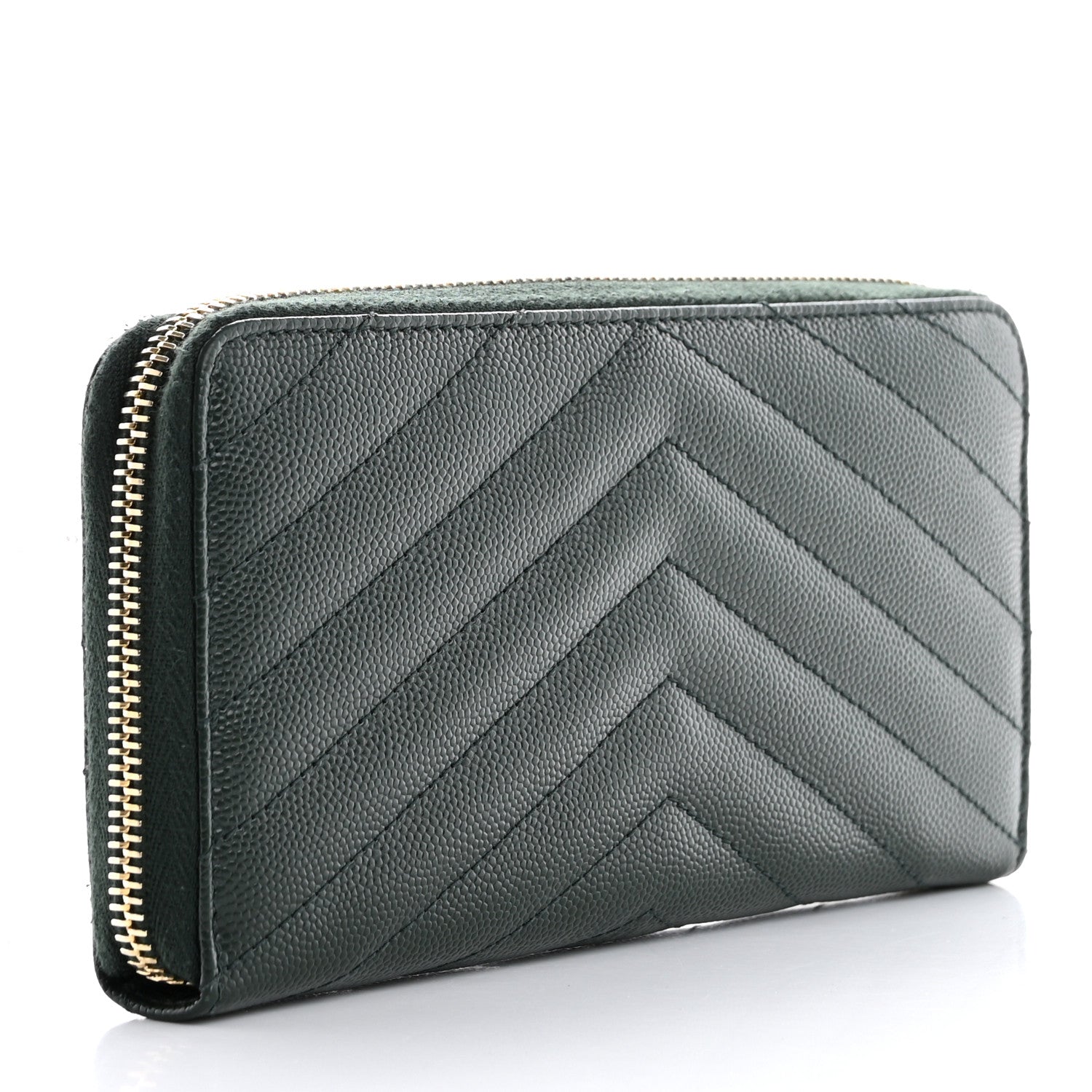 Saint Laurent Grain De Poudre Matelasse Chevron Monogram Zip Around Wallet New Vert Fonce 4 of 11