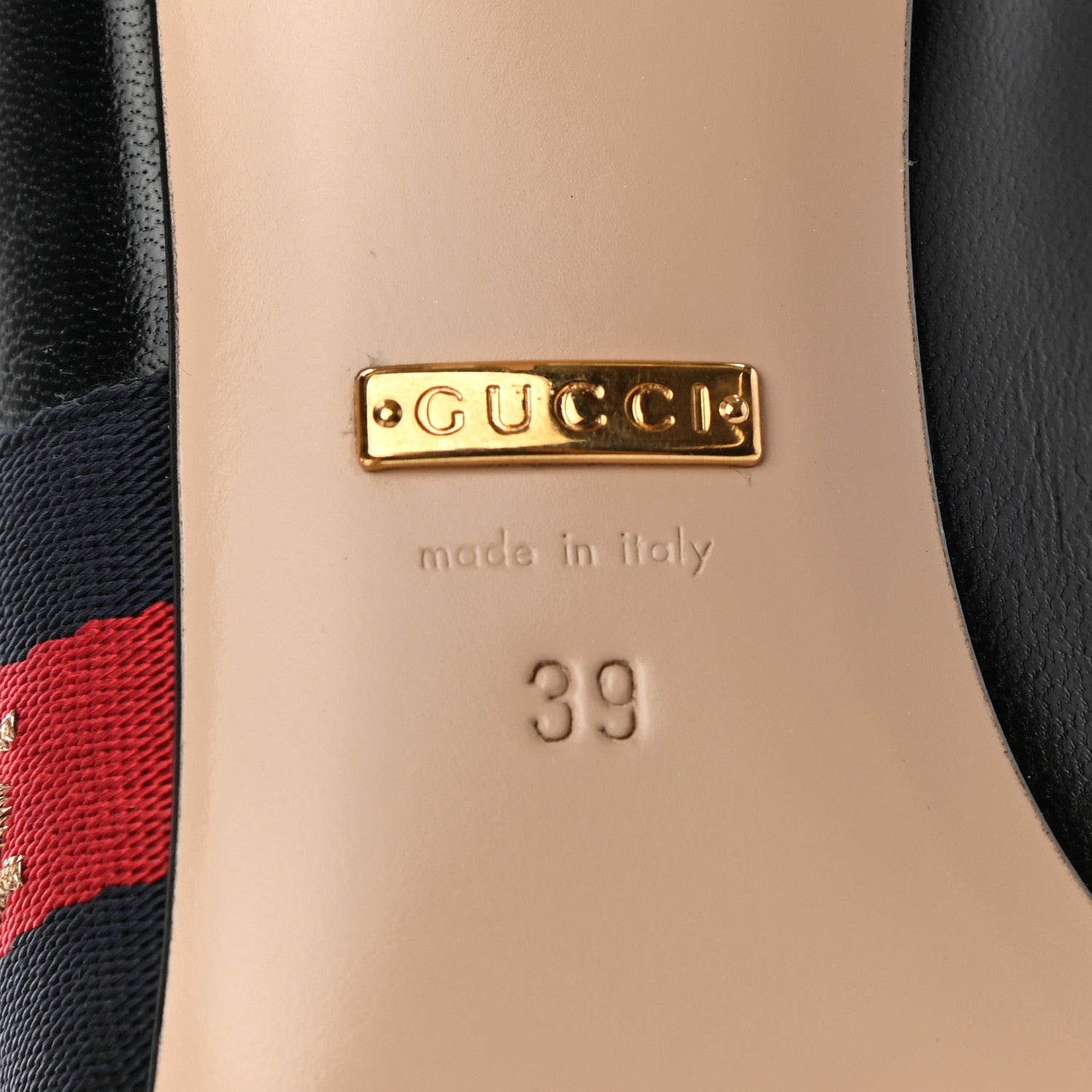 Gucci Calfskin Web Bee Star Embroidered Sylvie Mid Heel Slingback Pumps 39 Black 6 of 10