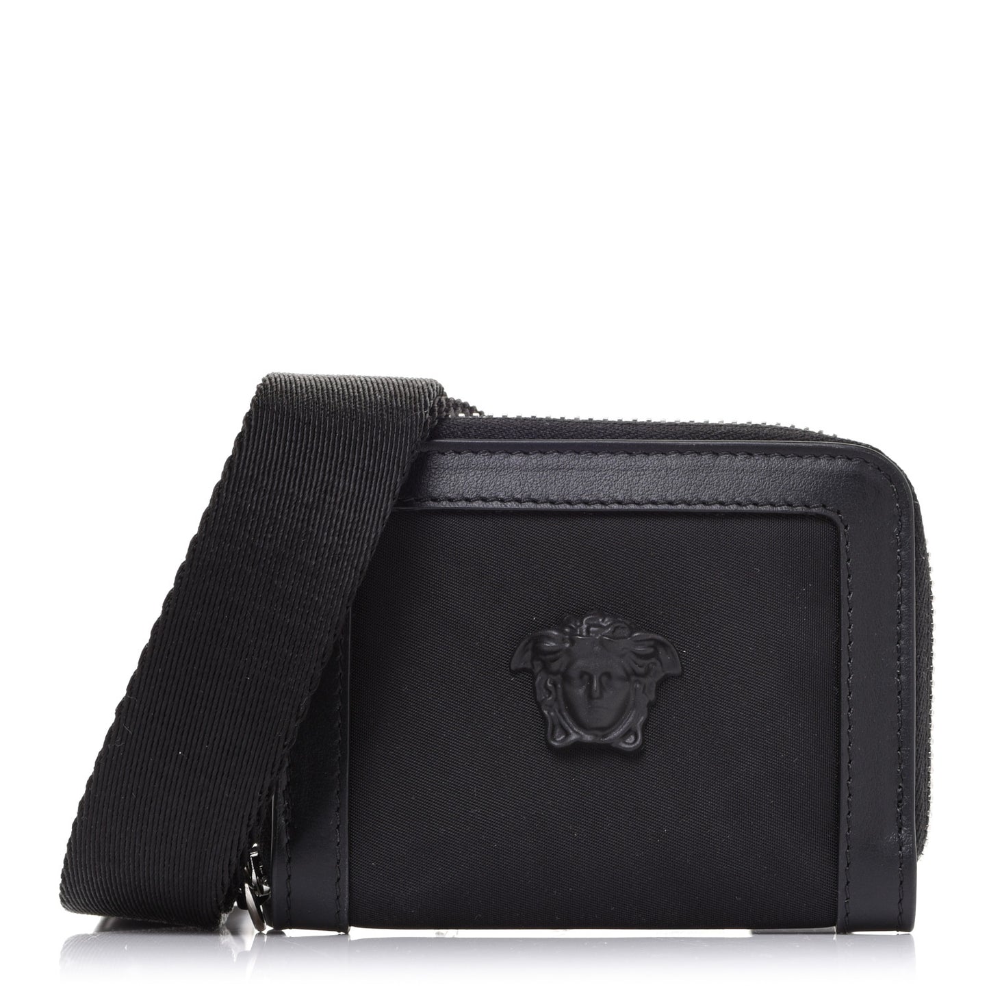 Calfskin Nylon La Medusa Zip Around Lanyard Wallet Black