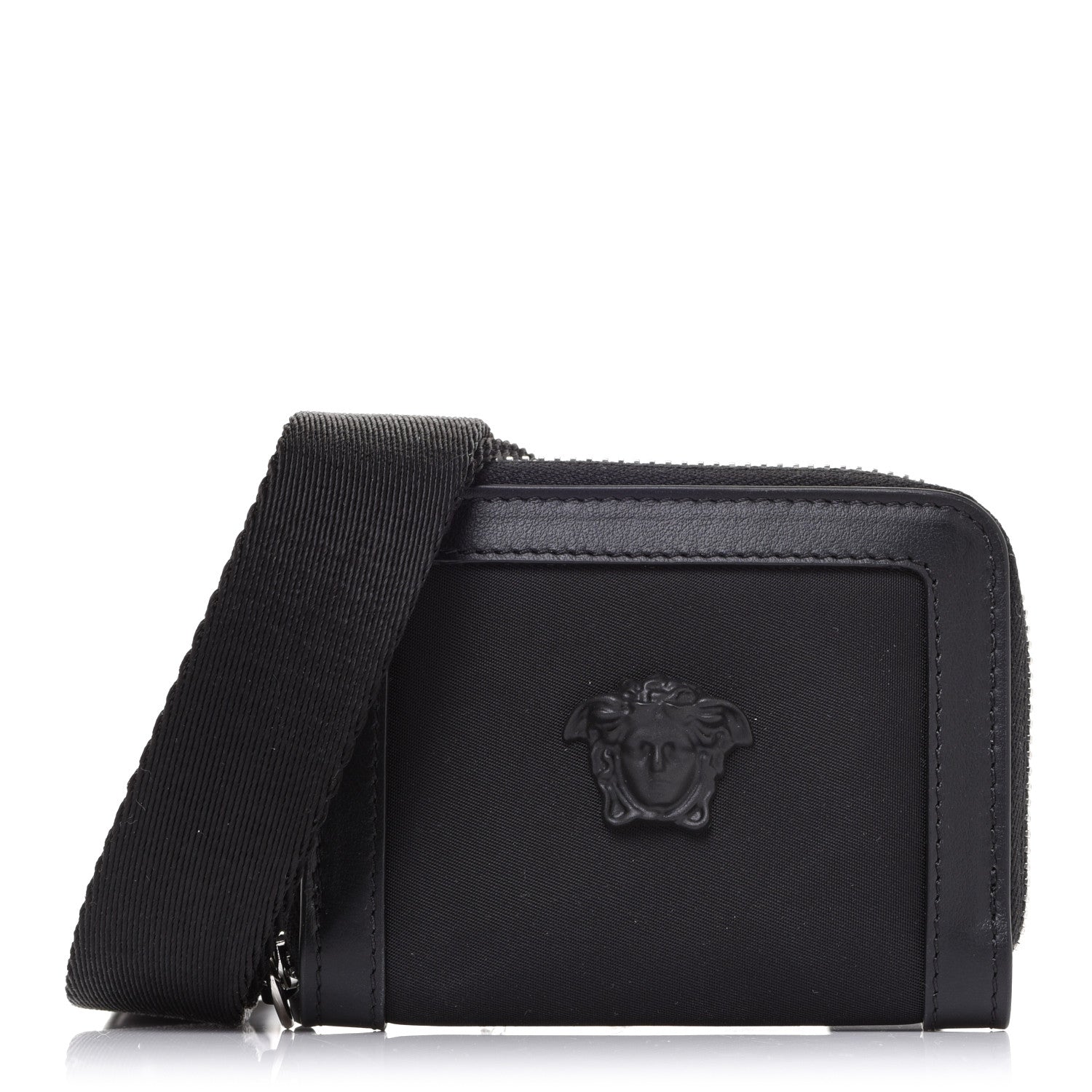 Versace Calfskin Nylon La Medusa Zip Around Lanyard Wallet Black 1 of 6