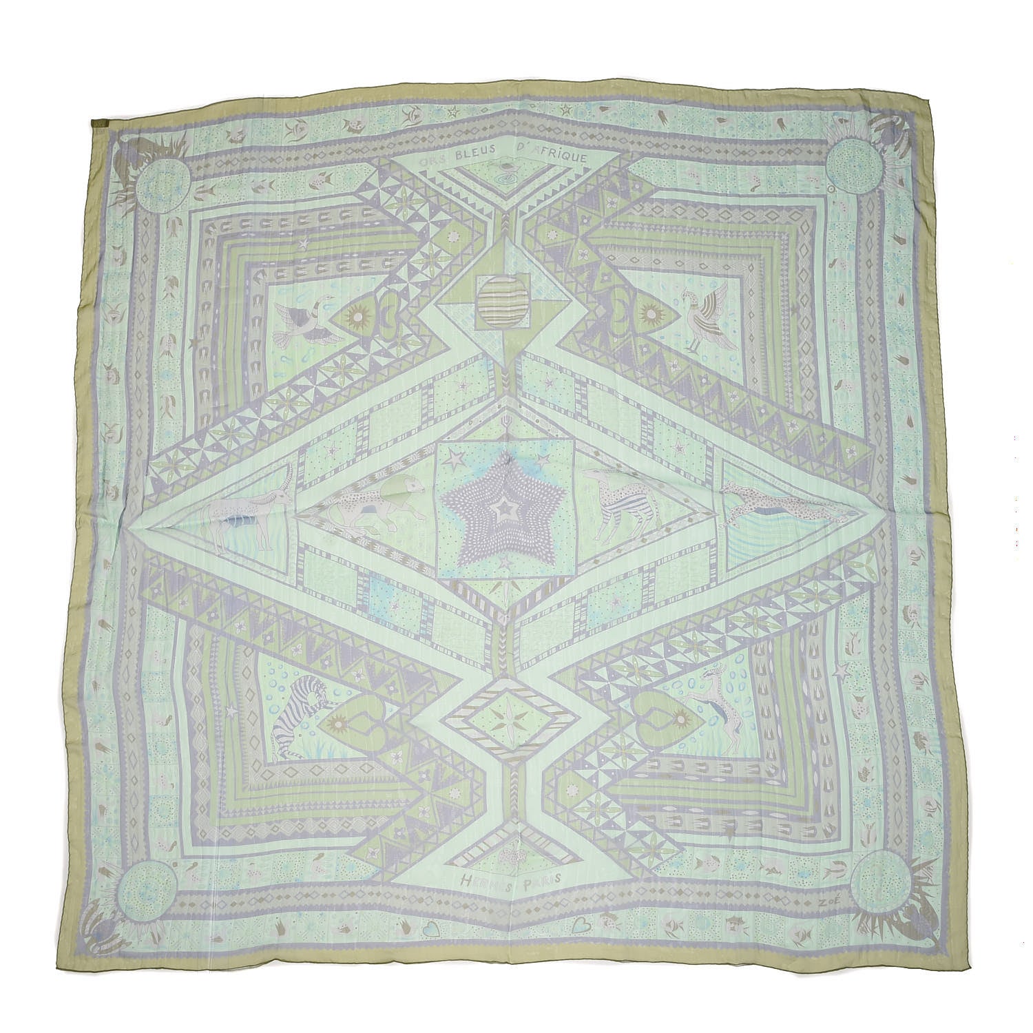 Hermes Mousseline Silk Ors Bleu D'Afrique Shawl 140 Bleu Glacier Kaki Turquoise 1 of 9