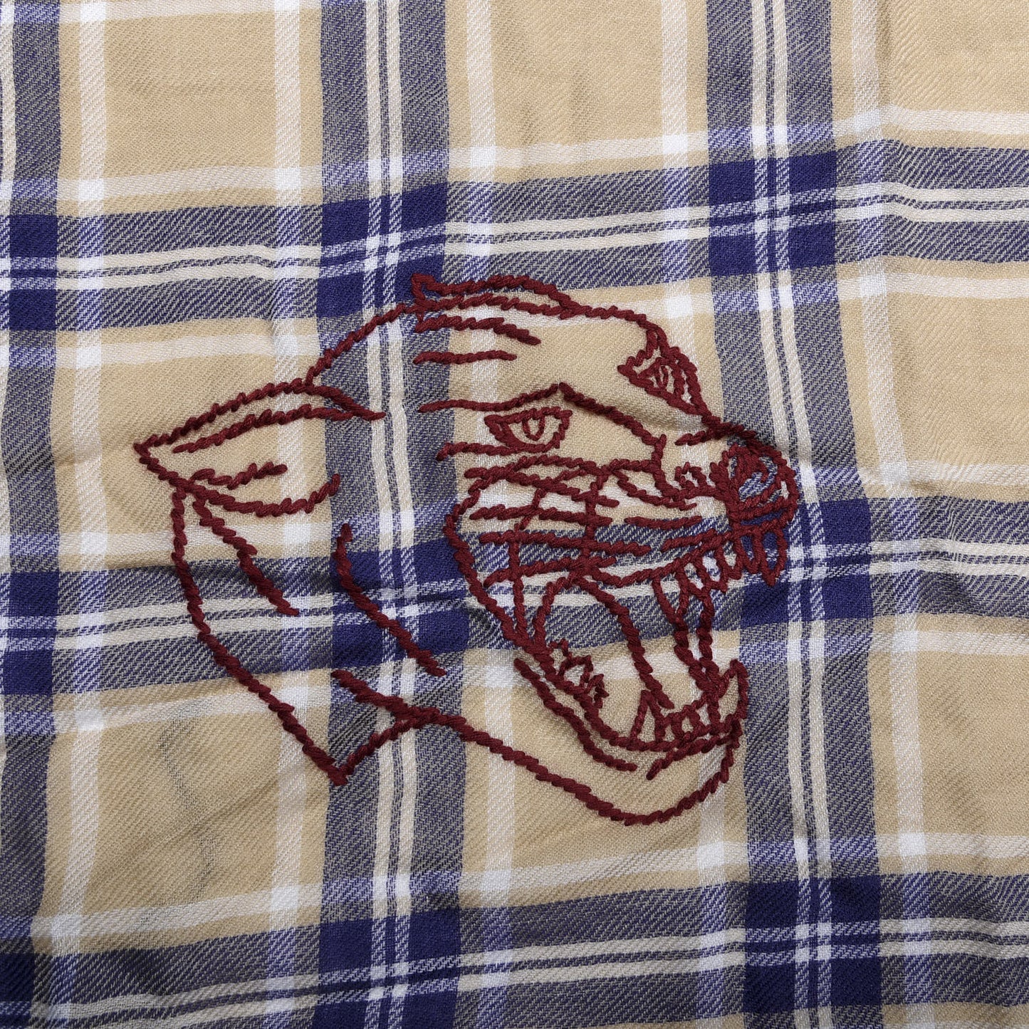 Wool Tiger Embroidered Plaid Scarf Beige Navy
