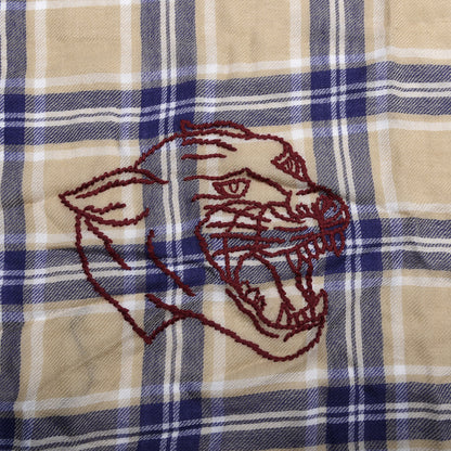 Gucci Wool Tiger Embroidered Plaid Scarf Beige Navy 2 of 4