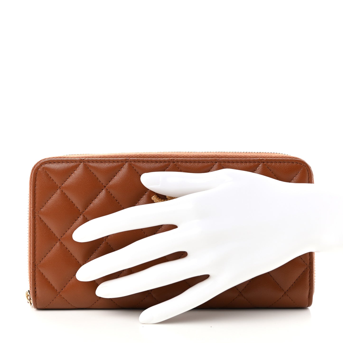 Lambskin Quilted Studded CC Large Gusset Zip Around Wallet Light Brown