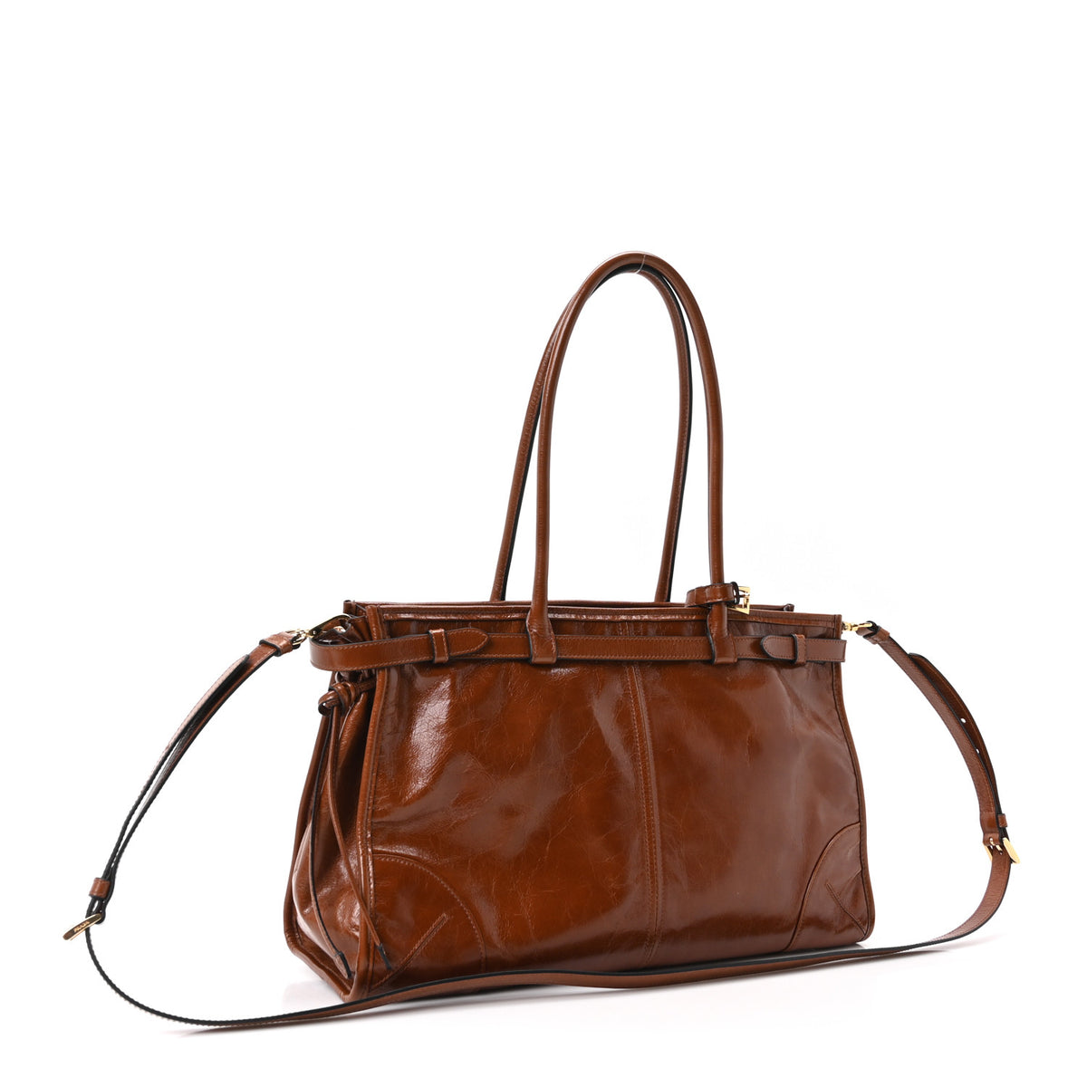 Prada Glossy Calfskin Triangle Large Bonnie Shoulder Bag Palissandro 3 of 10