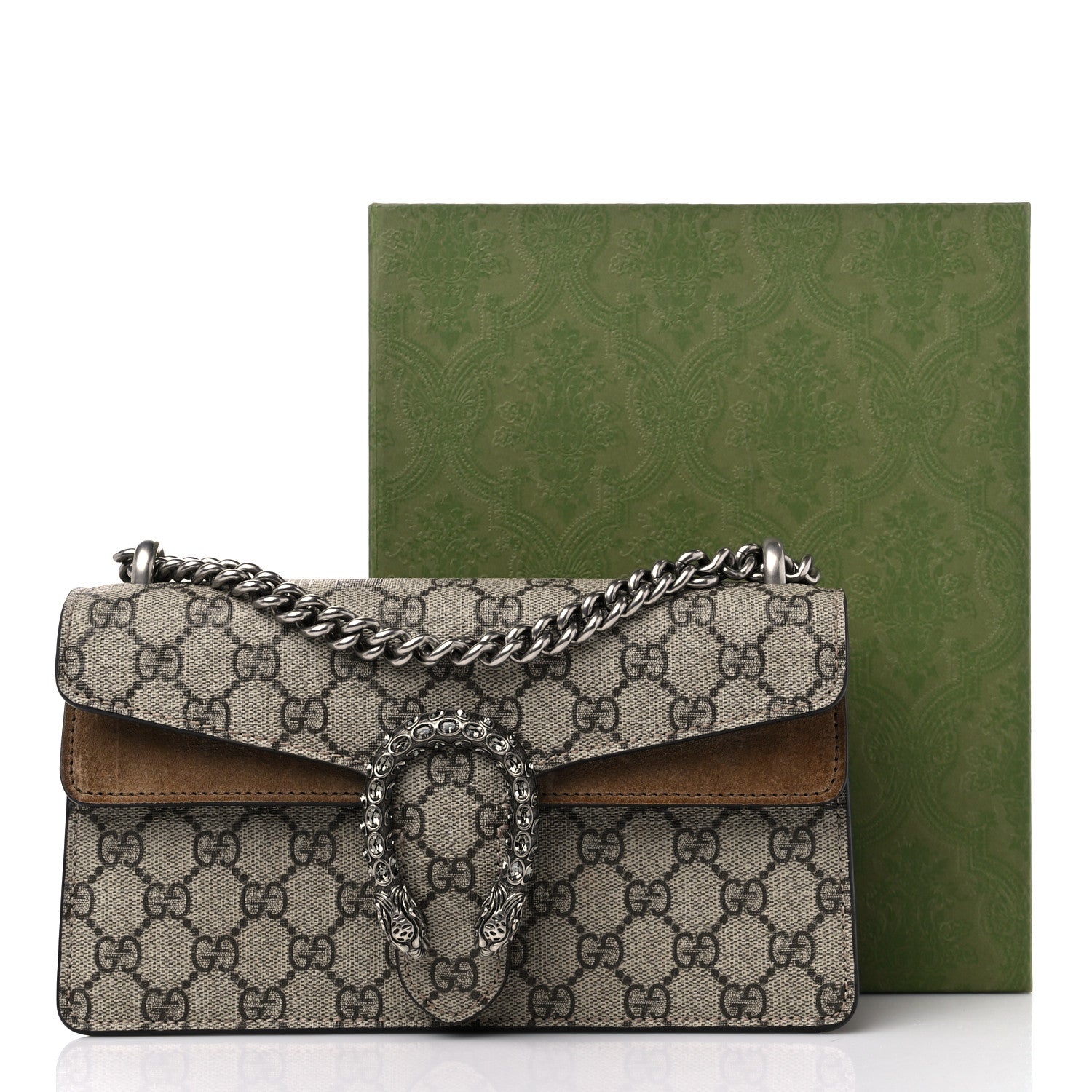 Gucci GG Supreme Monogram Suede Crystal Small Dionysus Shoulder Bag Beige Ebony Taupe 12 of 12