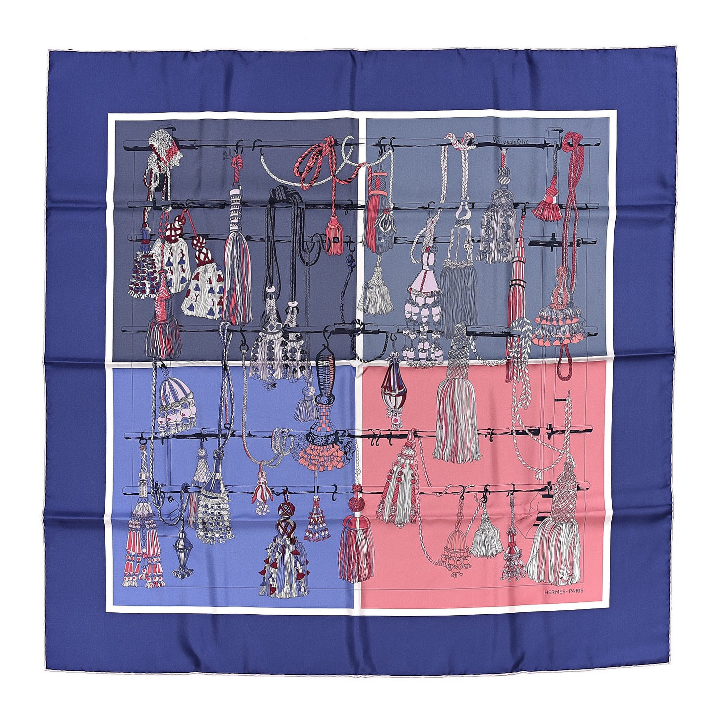 Silk Passementerie Quadri Scarf 90 Indigo Lavender Gris