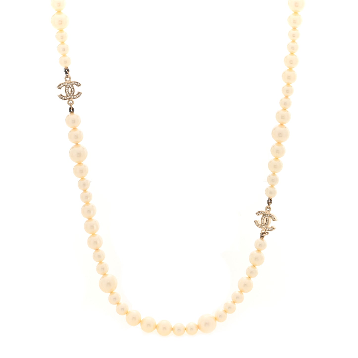 Graduated Pearl Crystal CC Long Necklace Light Gold
