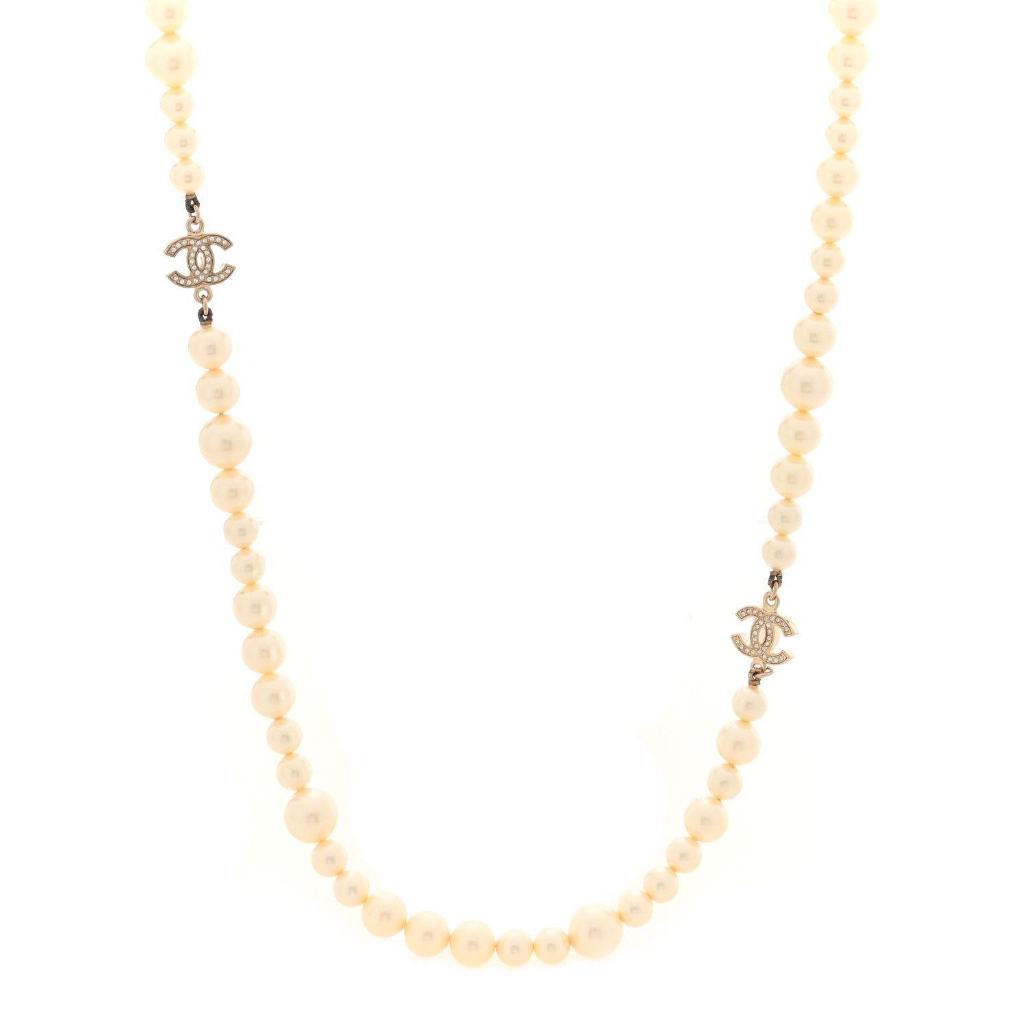 Chanel Graduated Pearl Crystal CC Long Necklace Light Gold 1 of 5