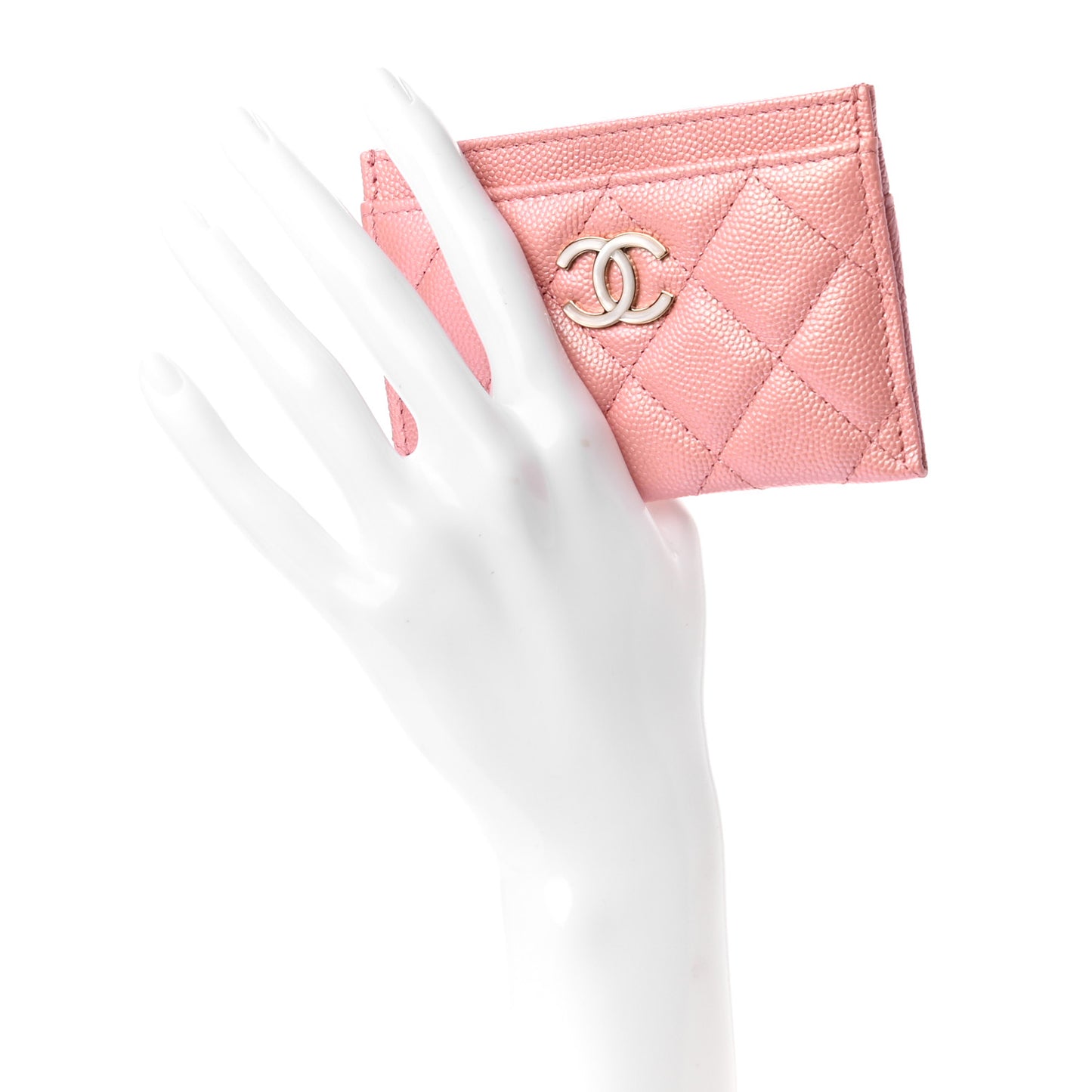 Iridescent Caviar Quilted Card Holder Rose Pink