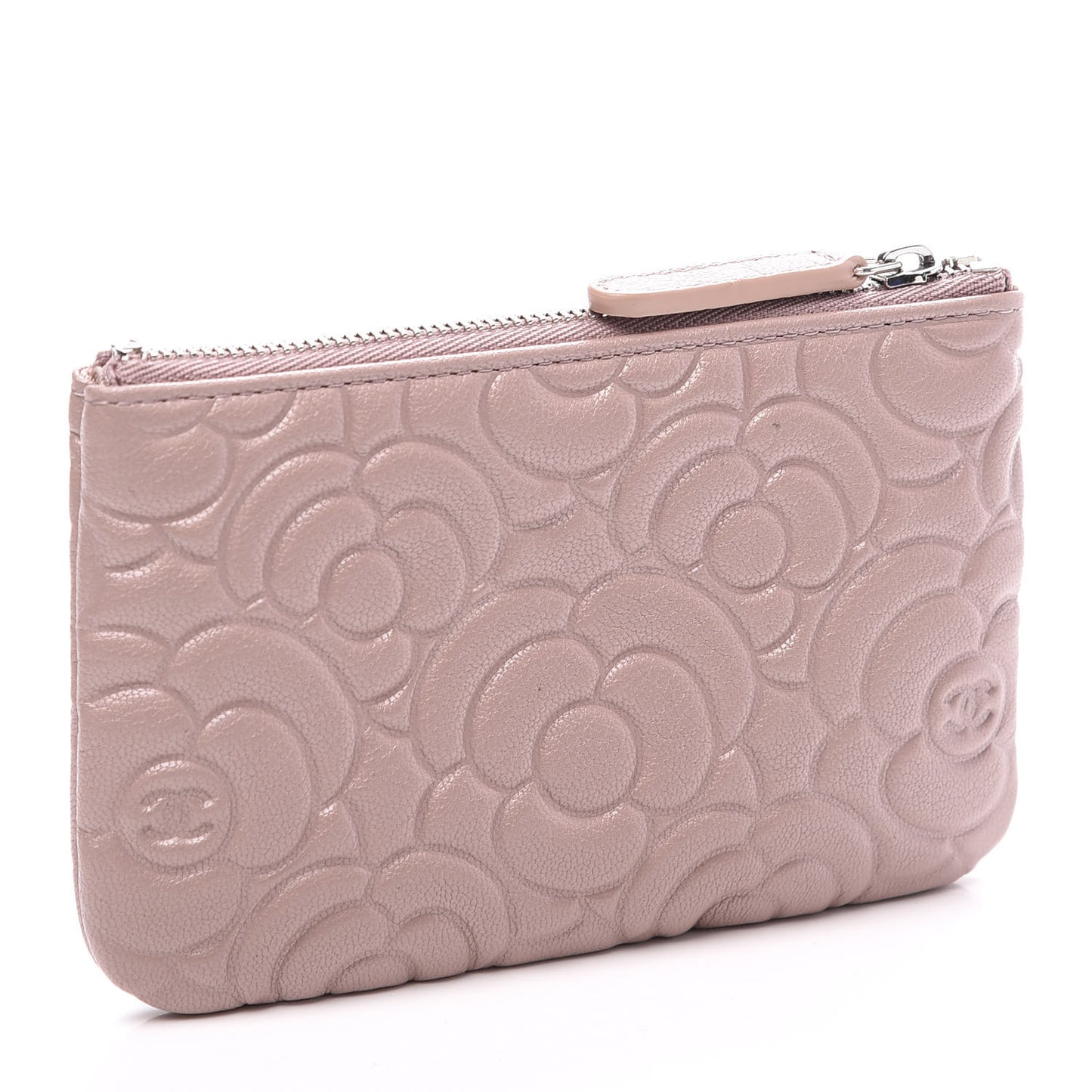 Goatskin Camellia Embossed Cosmetic Pouch Light Pink