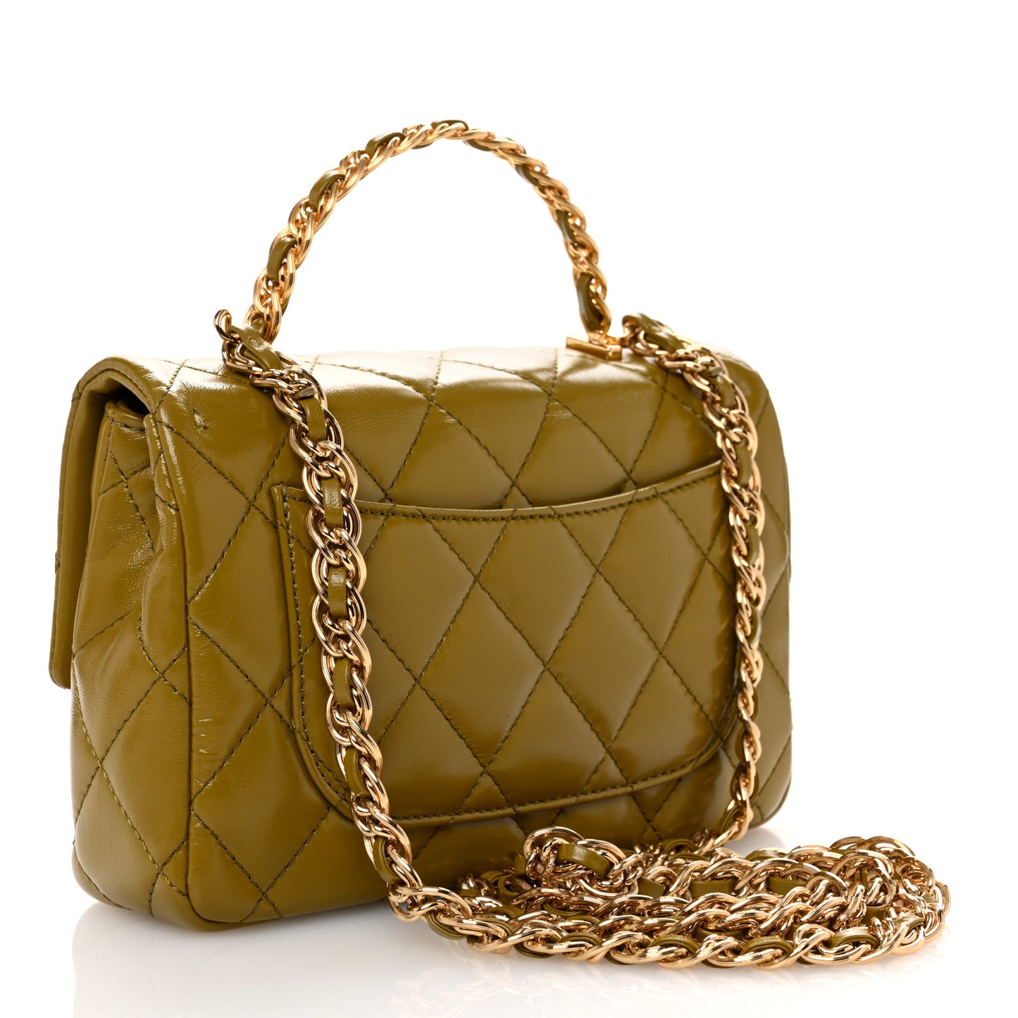 Shiny Lambskin Quilted Golden Links Top Handle Flap Green