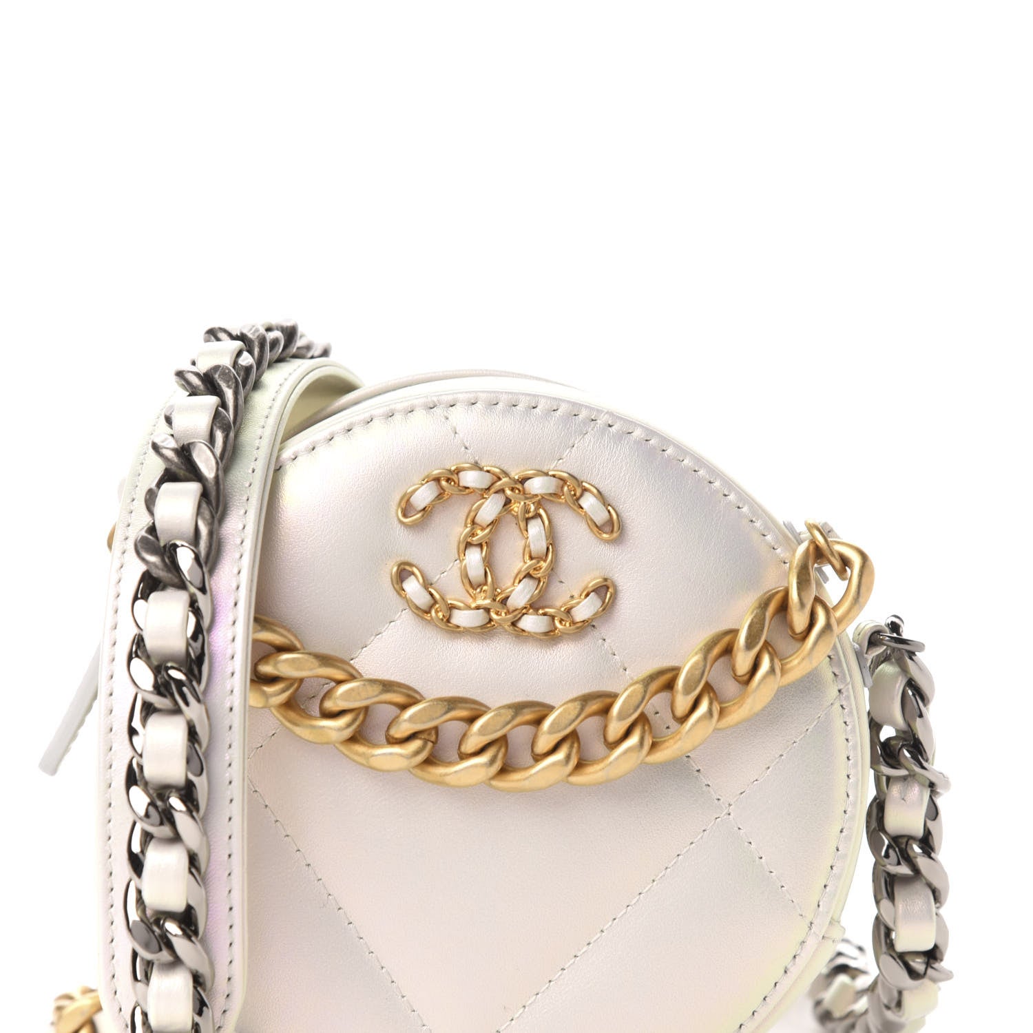 Chanel Iridescent Calfskin Quilted 19 Round Clutch With Chain White 10 of 11