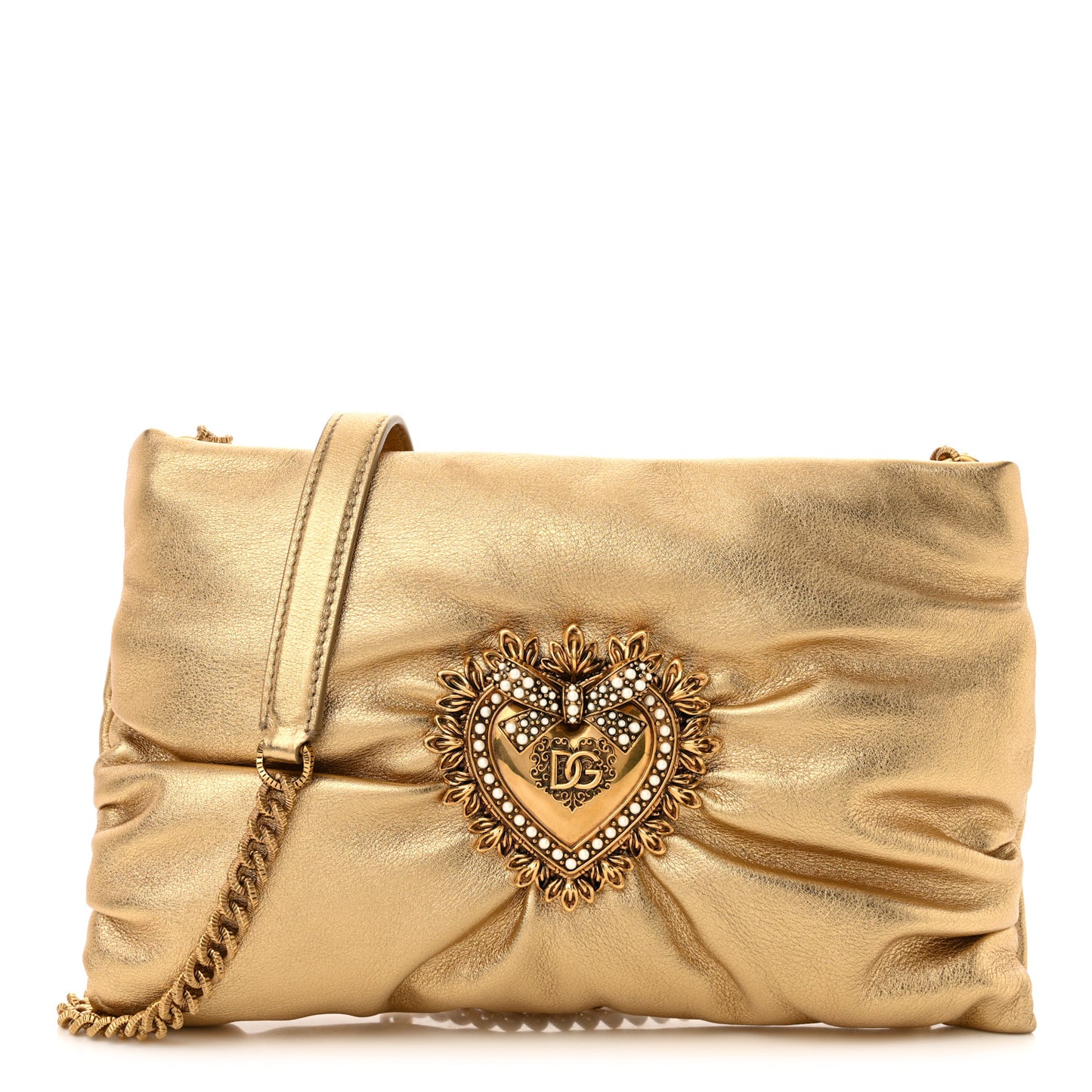 Calfskin Devotion Clutch With Chain Gold