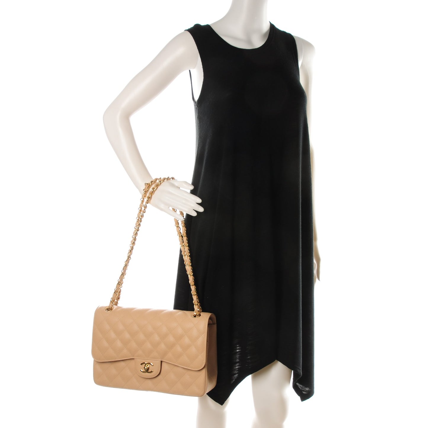 Caviar Quilted Jumbo Double Flap Beige Clair