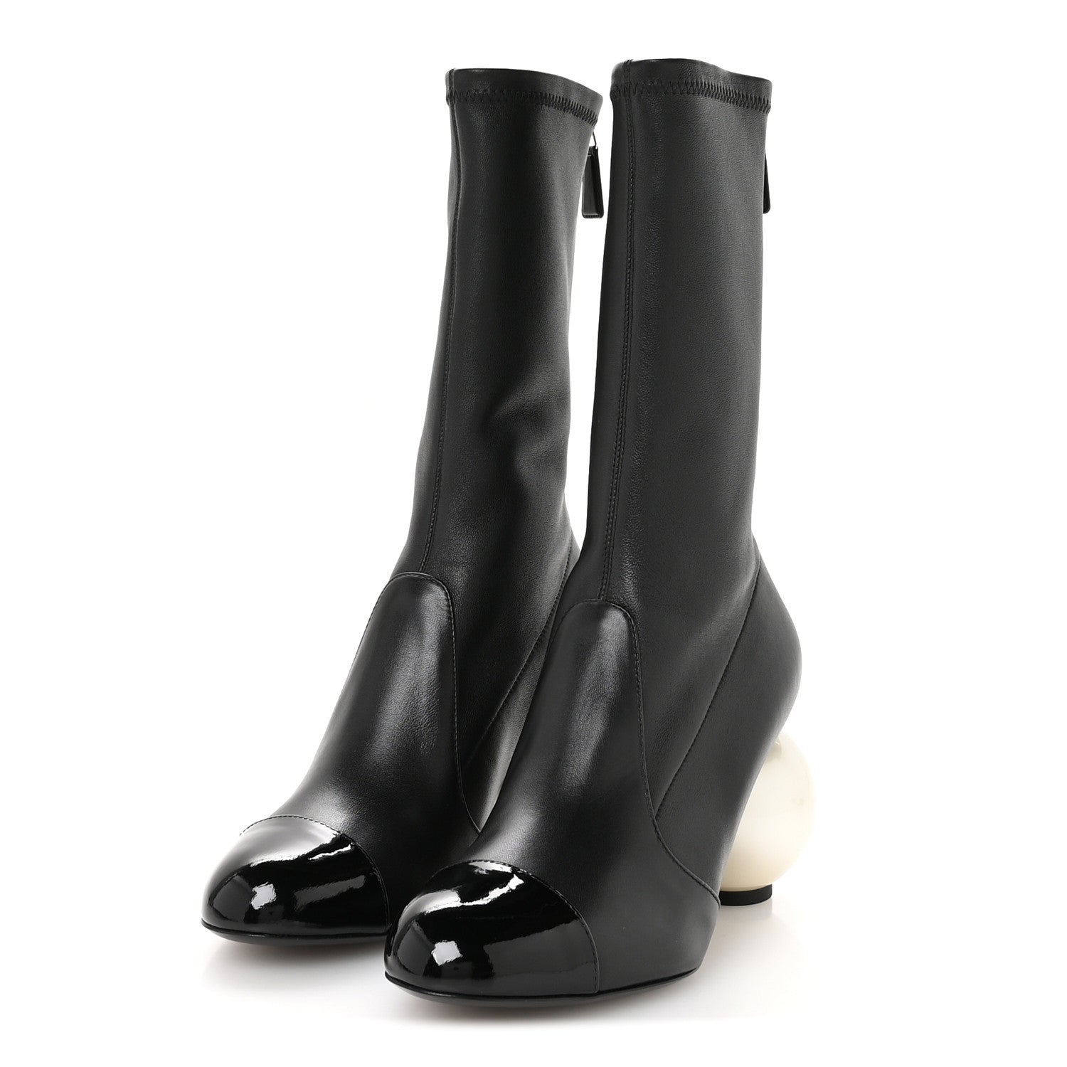 Chanel Stretch Lambskin Patent Cap Toe Pearl Ball Mid Calf Boots