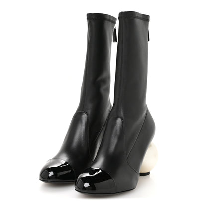 Chanel Stretch Lambskin Patent Cap Toe Pearl Ball Mid Calf Boots 38 Black 4 of 9
