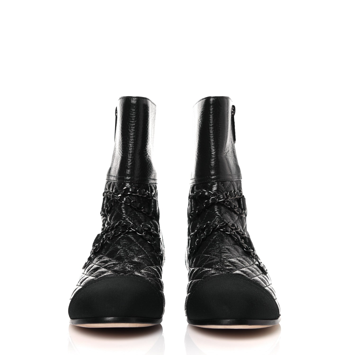 Chanel Glazed Deerskin Grosgrain Quilted Cap Toe Chain Boots 38.5 Grey Black 2 of 8