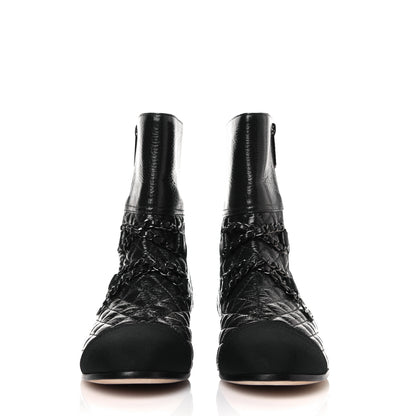 Chanel Glazed Deerskin Grosgrain Quilted Cap Toe Chain Boots 38.5 Grey Black 2 of 8
