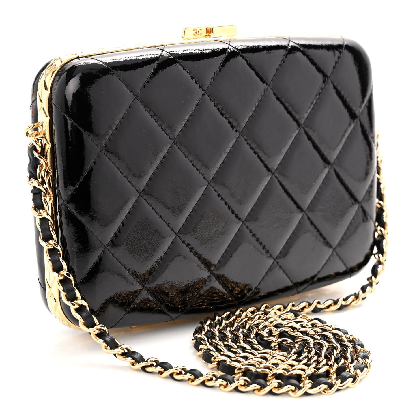 Glazed Goatskin Quilted Box With Chain Black