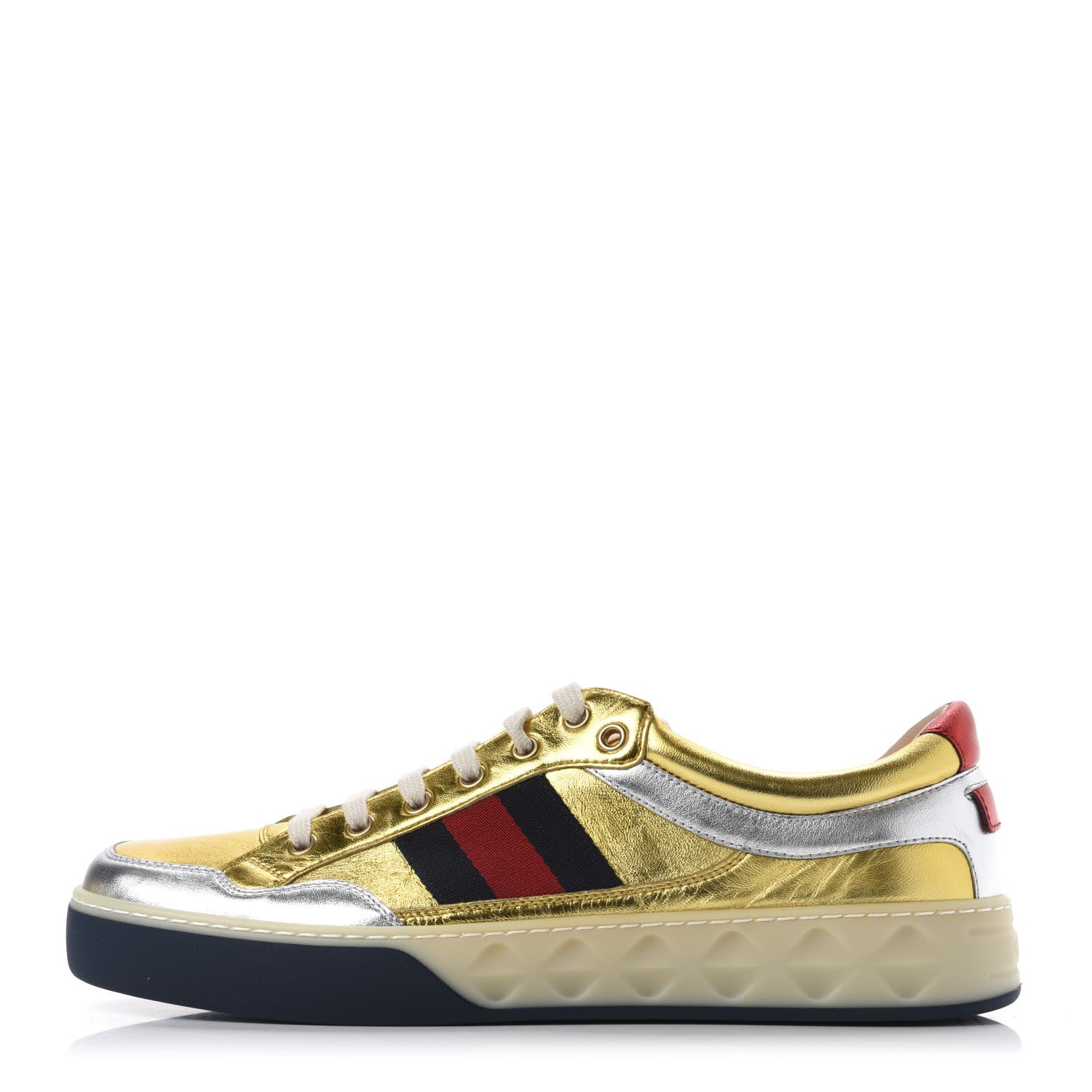 Gucci Metallic Nappa Web Mens Low Top Sneakers 9.5 Argento Oro Vecchio 1 of 11
