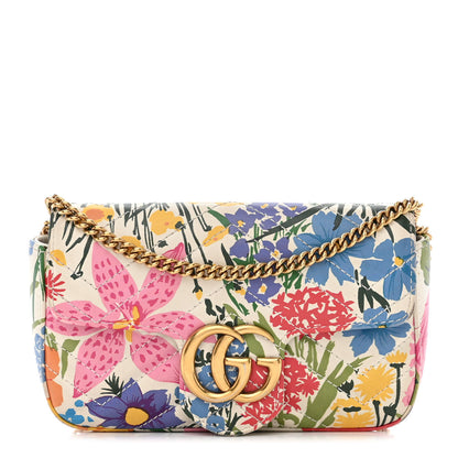 Gucci X KEN SCOTT Calfskin Matelasse Floral Print Super Mini GG Marmont Shoulder Bag Ivory Pink 1 of 15