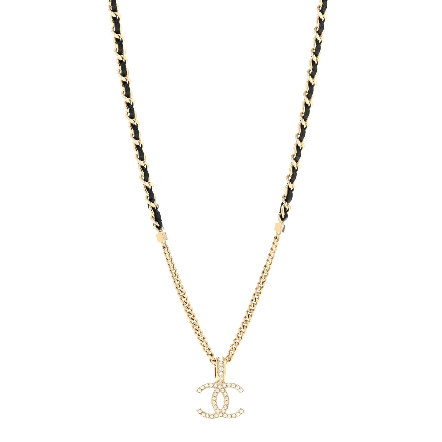 Lambskin Crystal CC Chain Pendant Necklace Black Gold