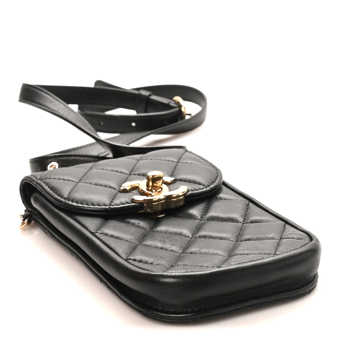 Lambskin Quilted Phone Chain Clutch Waist Bag Black