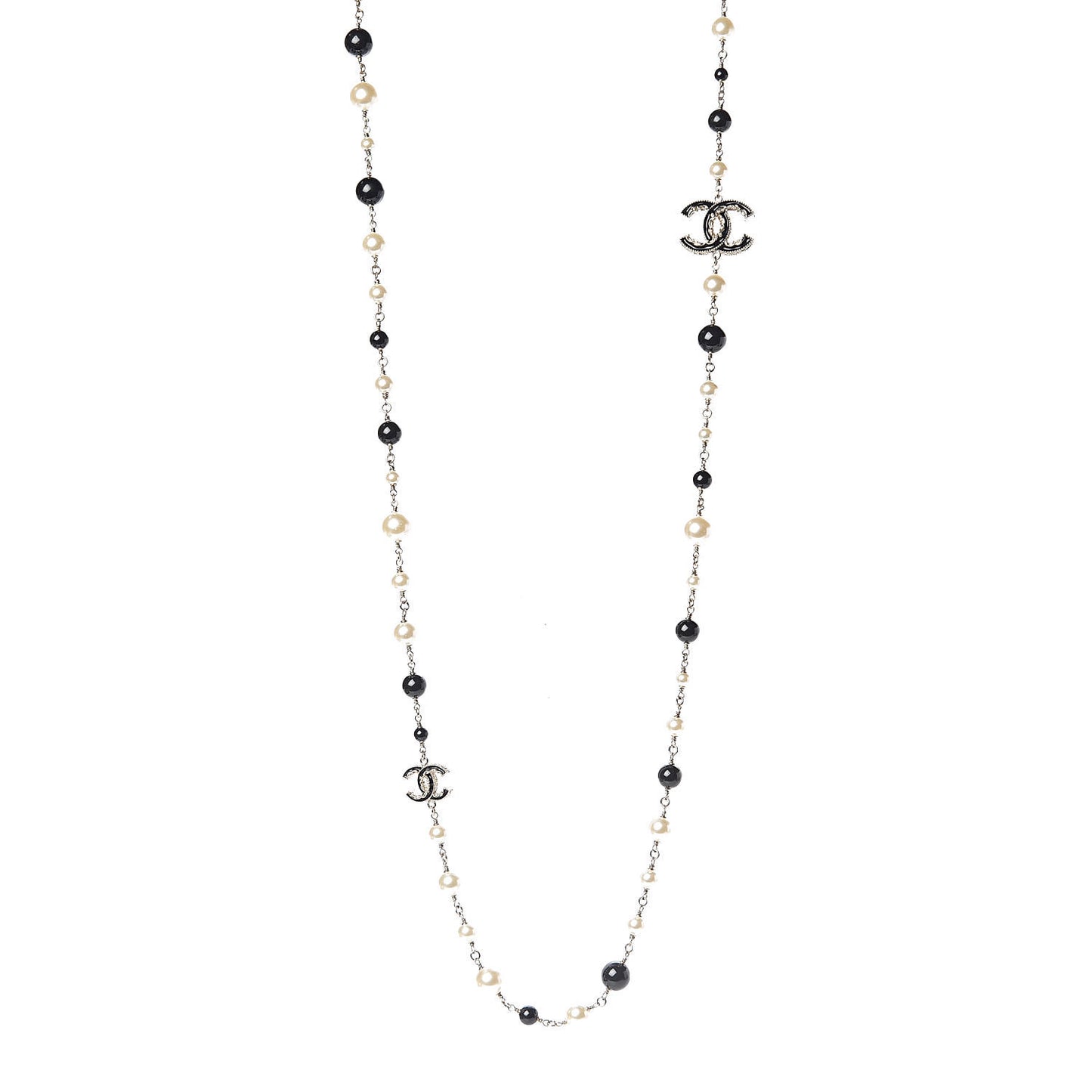Pearl Bead Enamel CC Baroque Long Necklace Black Gold